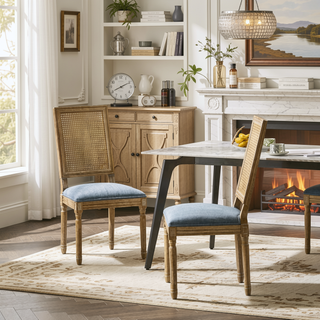 Sunvega French Country Dining Chairs with Cane Backrest Upholstered Seats and Fluted Legs