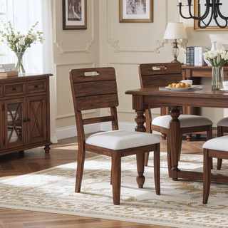 Sunvega Brown Finish Tray Back Upholstered Seat Side Dining Chairs Set of Two