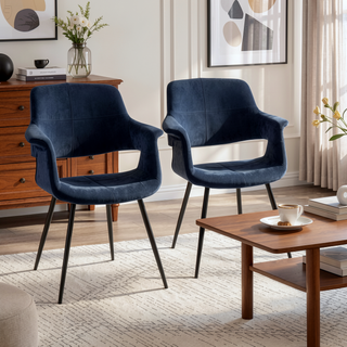 Sunvega Black Metal and Blue Velvet Glam Art Deco Chair with Cushioned Seat Set of 2