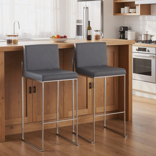 Sunvega Fuji Contemporary High Back Barstool in Stainless Steel and Grey Faux Leather