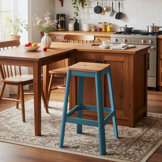 Sunvega Natural & Teal Finish Wooden Stationary Bar Stool with Metal Legs