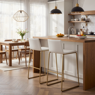 Sunvega Contemporary Gold Steel and White Faux Leather Barstool Set with Footrest