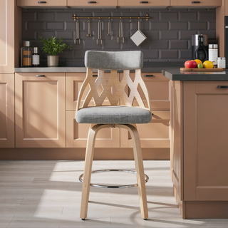 Sunvega Mid-Century Modern Natural Wood Lattice Back Counter Stool with Grey Fabric