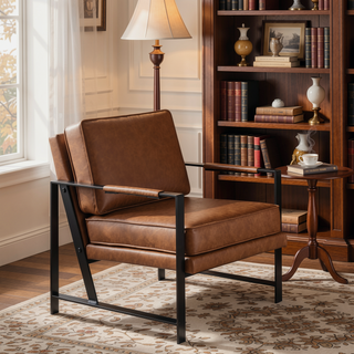 Sunvega Franklin Contemporary Black Metal and Camel Faux Leather Arm Chair