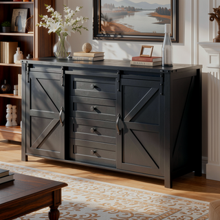 Sunvega 55.1-Inch Farmhouse Sideboard with Sliding Barn Doors and 4 Drawers