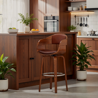 Sunvega Mid-Century Modern Swivel Barstool with Faux Leather Upholstery and Walnut Frame