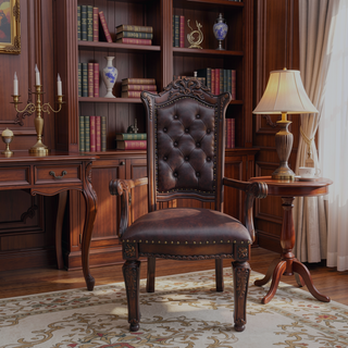 Sunvega Faux Leather Arm Chairs with Tufted Back and Floral Molding Set of 2