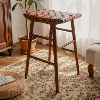 Sunvega 30 Inch Genuine Leather Tan Bar Stool With Solid Wood Construction