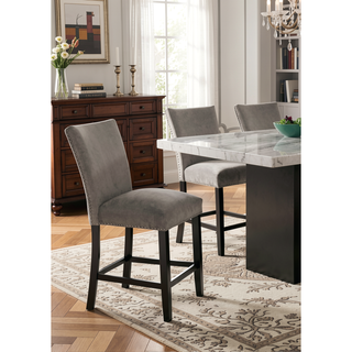 Sunvega Light Gray Flannelette Dining Chairs with Nailhead Trim and Black Wood Legs