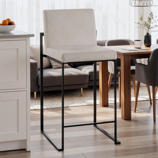 Sunvega Fuji Contemporary High Back Counter Stool in Black Steel and White Velvet