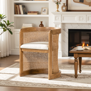 Sunvega Curved Rattan Upholstered Dining Chair with Stain Resistant Fabric and Rubberwood Frame