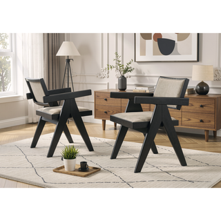 Sunvega Jasper 21 Inch Set of 2 Ebony Black Dining Arm Chairs with Beige Upholstered Seat