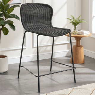 Sunvega Brown Faux Rattan Metal Counter Chair Set with Timeless Inviting Aesthetic