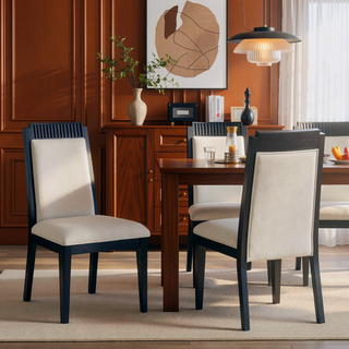 Sunvega Modern Wood Dining Side Chair with Black Frame and Ivory Upholstery Set of 2