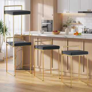 Sunvega Gold Metal Frame Black Velvet Cushion Stackable Counter Stools Set of 3