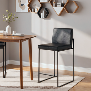 Sunvega Fuji High Back Counter Stool Set of 3 in Black Steel and Faux Leather