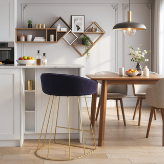 Sunvega Gold Tone Metal Frame Counter Stool with Blue Velvet Upholstered Seat