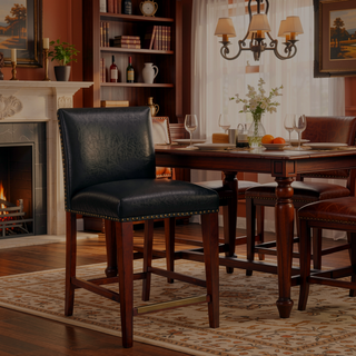 Sunvega Blaire Brown Faux Leather Counter Stool with Nail Heads and Scalloped Back