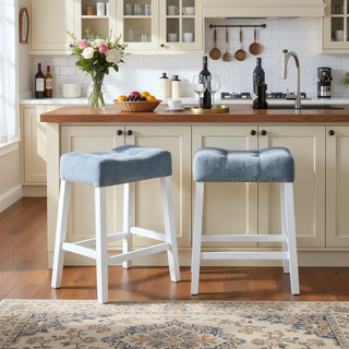 Sunvega Set of 2 Velvet Stools with Tufted Saddle Seats in White-Wash Finish