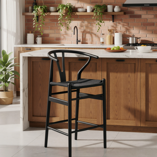 Sunvega Mid-Century Wishbone Barstool with Woven Papercord Seat Fully Assembled Walnut