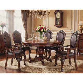Sunvega Formal Set of 2 Dark Brown Rubberwood Arm Chairs with Faux Leather Upholstered Seat