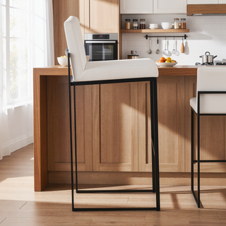 Sunvega Contemporary High Back Barstool with Black Steel Frame and White Velvet