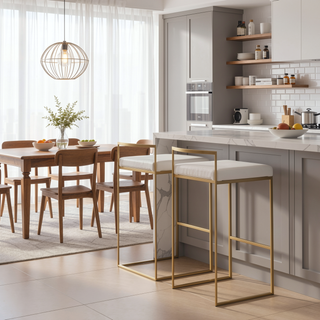 Sunvega Gold Metal and White Velvet Upholstered Fixed Height Stackable Barstools Set of 3