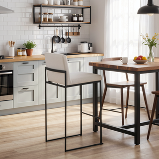 Sunvega Fuji High Back Barstool Set of 3 in Black Steel and White Velvet