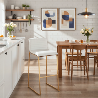 Sunvega Mason Mara Contemporary Fixed-Height Barstool in Gold Metal and White Faux Leather