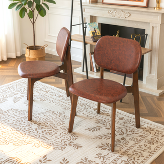Sunvega Mid-Century Modern Black Vegan Leather Dining Chairs with Walnut Base Set of 2