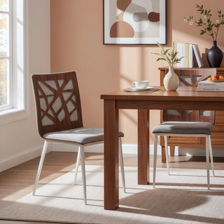 Sunvega Brushed Stainless Steel Dining Chairs with Gray Fabric and Walnut Back - Set of 2