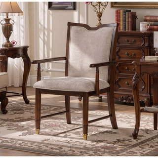 Sunvega Transitional Upholstered Arm Chair with Gold Capped Legs and Dark Cherry Finish