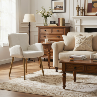 Sunvega Beige Boucle Upholstered Side Chair with Oak Finish and Metal Legs