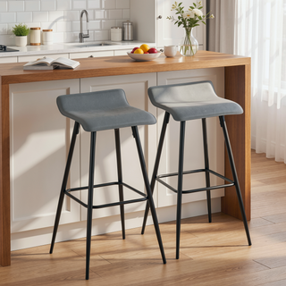 Sunvega Black Metal Base Grey Faux Leather Upholstered Fixed Height Bar Stool Set