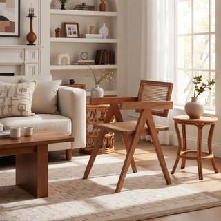 Sunvega Modern Natural Cane Armchair with Square Backrest for Dining Room