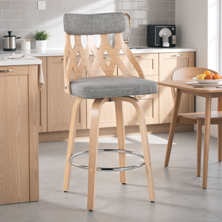 Sunvega Mid-Century Modern Natural Wood Lattice Back Counter Stool with Grey Fabric