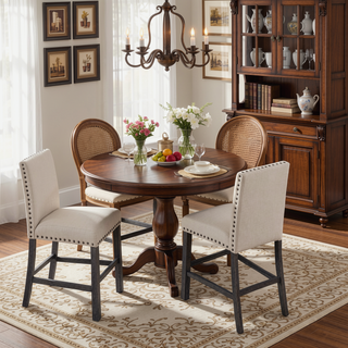 Sunvega Natural Linen Blend Upholstered Counter Dining Chair Set with Antique Gray Wood Legs