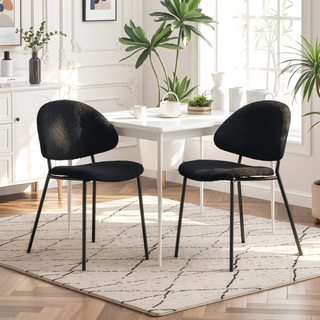 Sunvega Upholstered Boucle Fabric Dining Chairs with Curved Backrest and Black Metal Legs