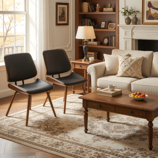 Sunvega Mid-Century Modern Walnut Dining Chair with Black Faux Leather and Padded Seat Set of 2