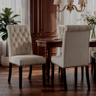 Sunvega Sand and Rustic Espresso Tufted Side Chairs with Rolled Backrest and Padded Seat