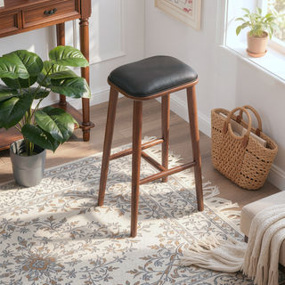 Sunvega Mid-Century Modern PU Leather Bar Stool with Solid Wood Structure