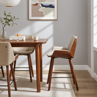 Sunvega Mid-Century Modern Walnut Wood and Light Grey Fabric Counter Stool