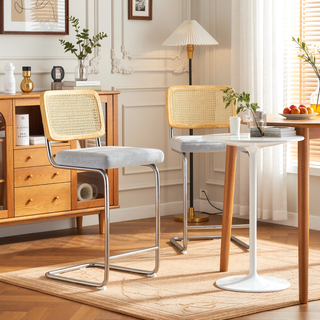 Sunvega Cantilever Velvet Bar Stools Set of 2 with Rattan Back for Kitchen Island