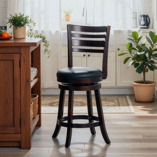 Sunvega Cherry Finish Beige Fabric Slat Back Swivel Stool for Counter Height