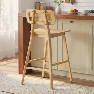 Sunvega Natural Wood Barstool Set with Rattan Backrest and Curved Seat