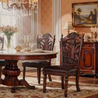 Sunvega Traditional Walnut Solid Wood Dining Chairs with Dark Brown Leatherette Seats