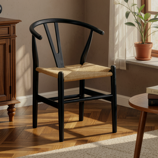 Sunvega Mid-Century Modern Black Rubberwood Dining Chairs with Curved Backrest