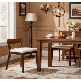 Sunvega Modern Walnut Finish Wood and White Glossy PU Leather Dining Chairs Set of 2