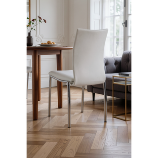 Sunvega Modern Contemporary White Faux Leatherette Dining Chairs with Chrome Legs, Set of 4