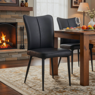 Sunvega Modern Black PU Chairs with Vertical Stripe Design and Metal Legs Set of Two
